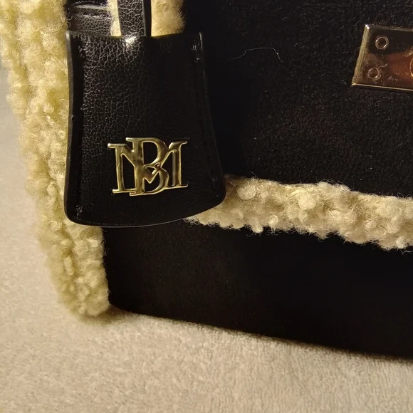 Badgley Mischka Black Satchel with Cream Shearling Trim - Picture 2 of 7